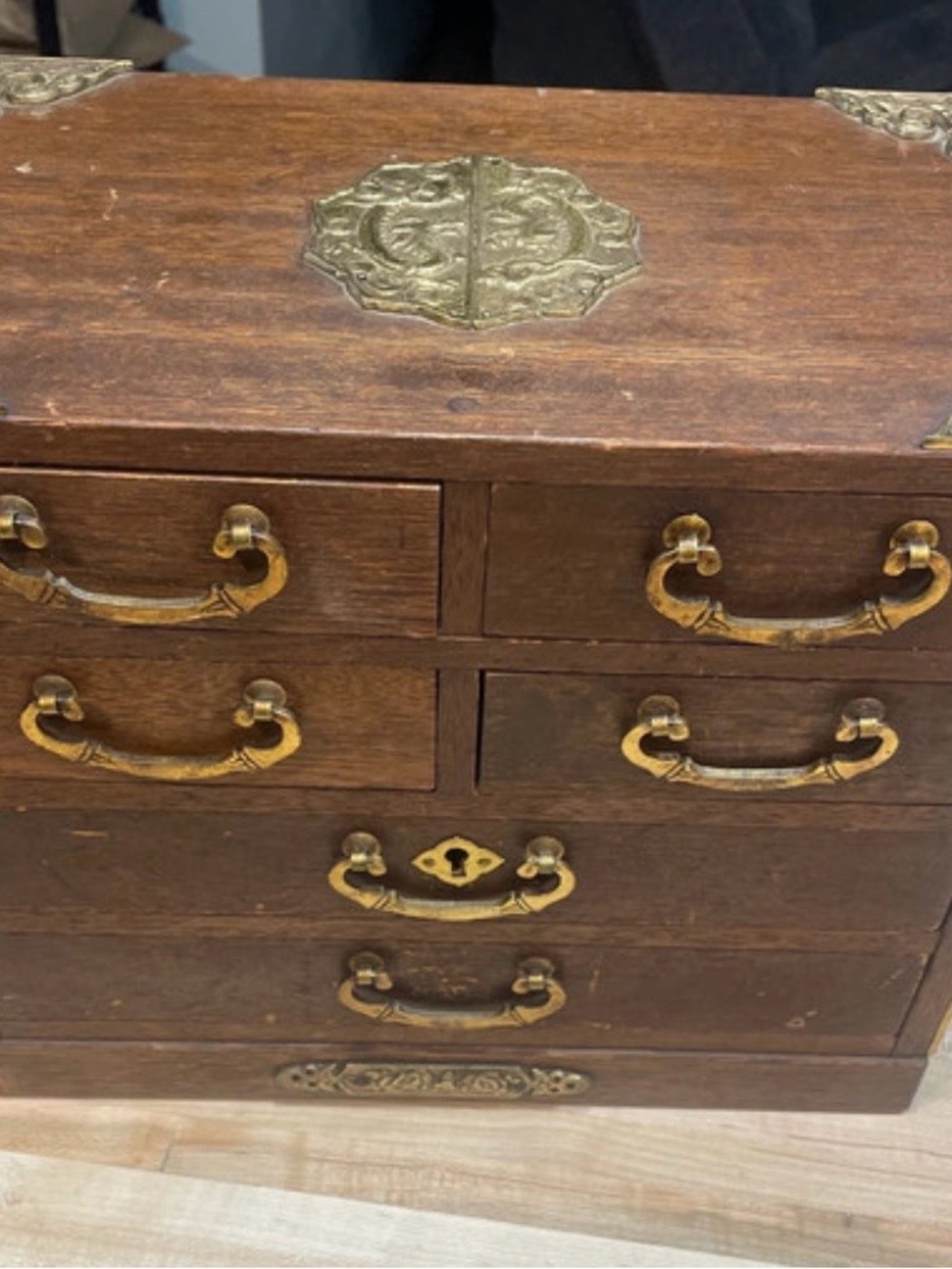 Vintage Tansu Japanese Jewelry chest brass hardware MCM blue fabric lined